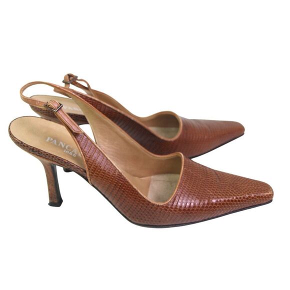 Pancaldi BROWN REAL LEATHER SNAKE MID HEEL POINTED BUCKLE SLINGBACK SHOES Sz 8B - Picture 1 of 12